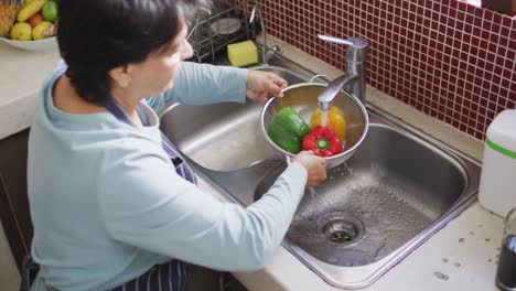 asian senior woman wearing an apron washing vegetables in the sink at home