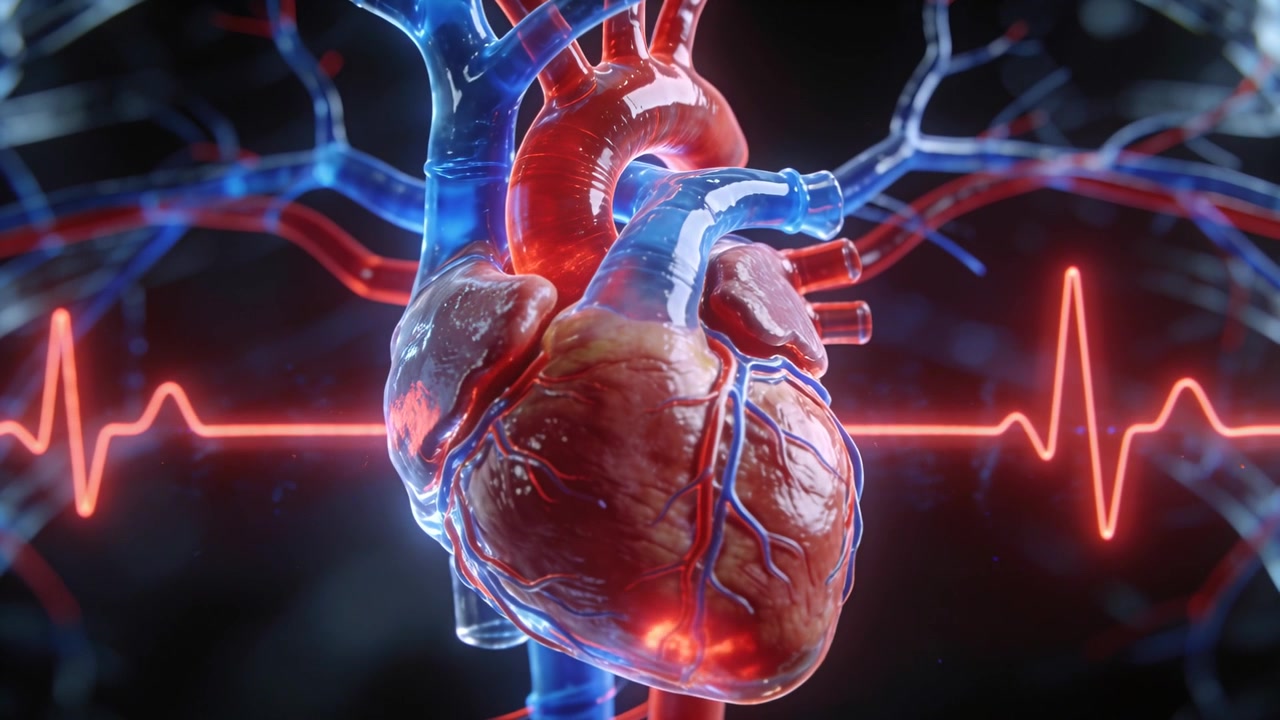 Pulsing 3D heart model rotating in studio, ECG peaks syncing red-blue vessel glows showing rhythm