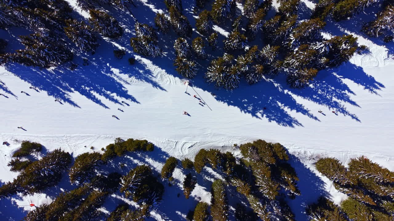 Aerial Top-Down View of Skiers and Snowboarders on a Snowy Mountain Slope