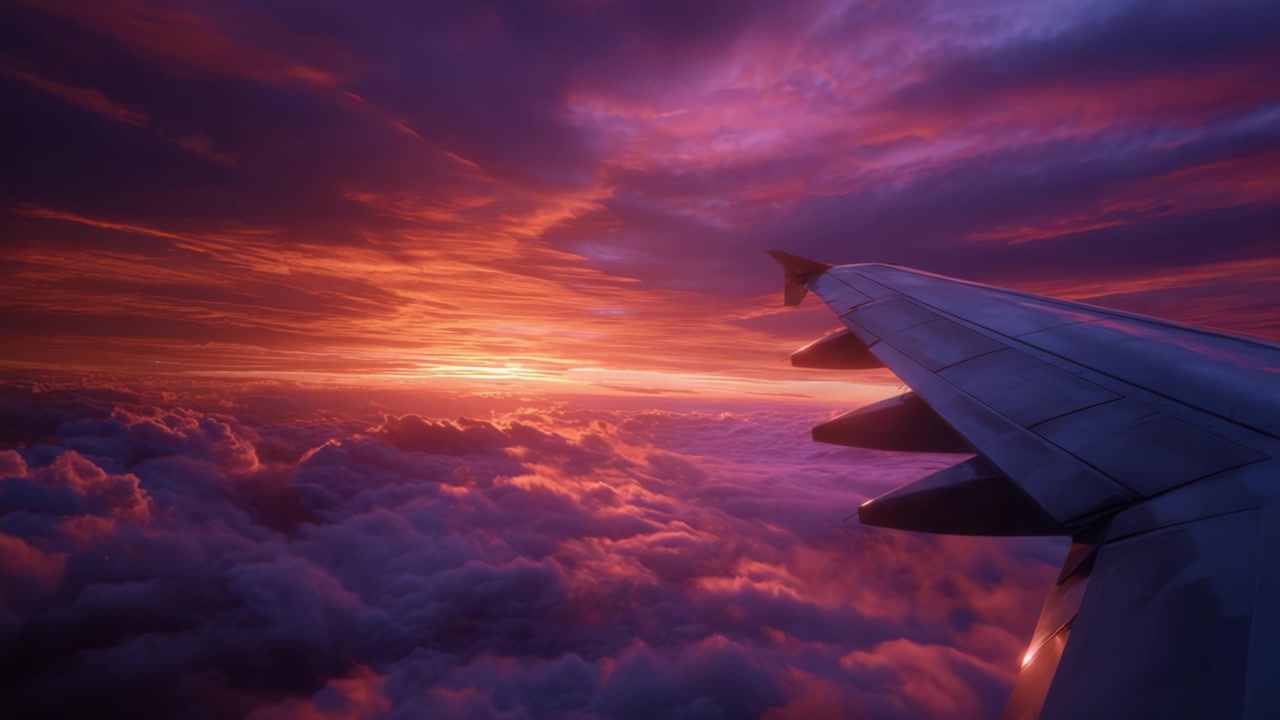 Breathtaking Sunset View from Airplane Window with Wings Over Colorful Cloudscape and Vibrant Sky Displaying Shades of Orange, Pink, and Purple