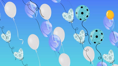 animation of colourful balloons flying on blue background