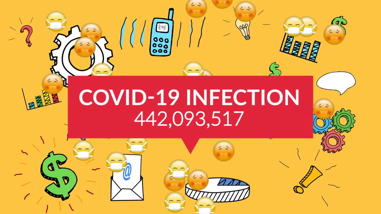 노란색 배경의 비즈니스 개념 아이콘보다 사례가 증가하는 코로나19 감염 텍스트