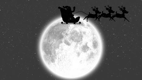 Animation-of-santa-claus-in-sleigh-with-reindeer-over-snow-falling-and-moon