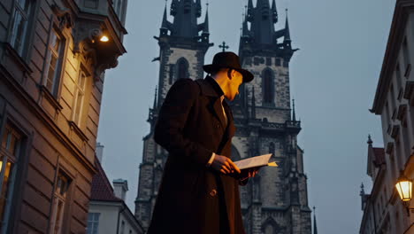 man reading a book in prague old town at night
