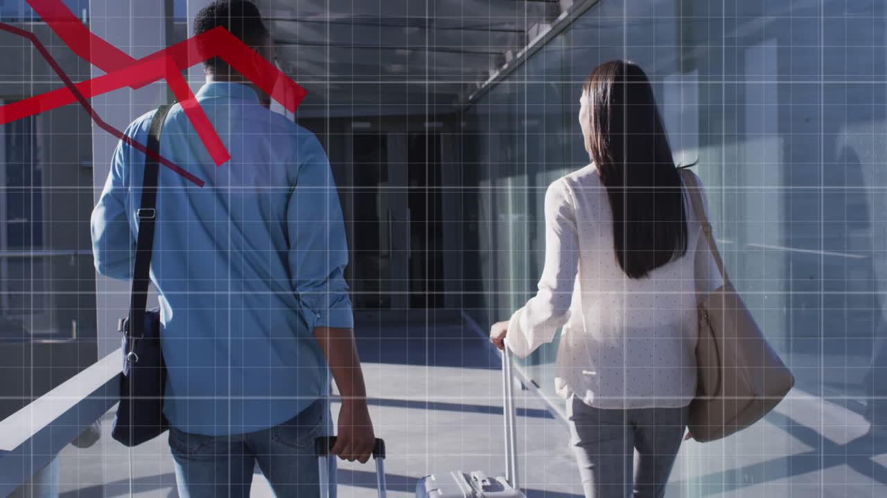 animación del procesamiento de datos sobre diversas personas de negocios caminando con maletas