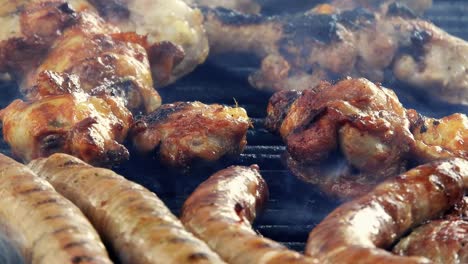 assorted delicious grilled meat, top view, sausages, chicken, pork