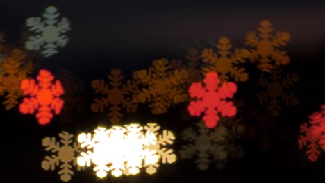 beautiful snowflake shaped bokeh from moving car and traffic lights at the evening, christmas, winter or holiday background concept, copyspace