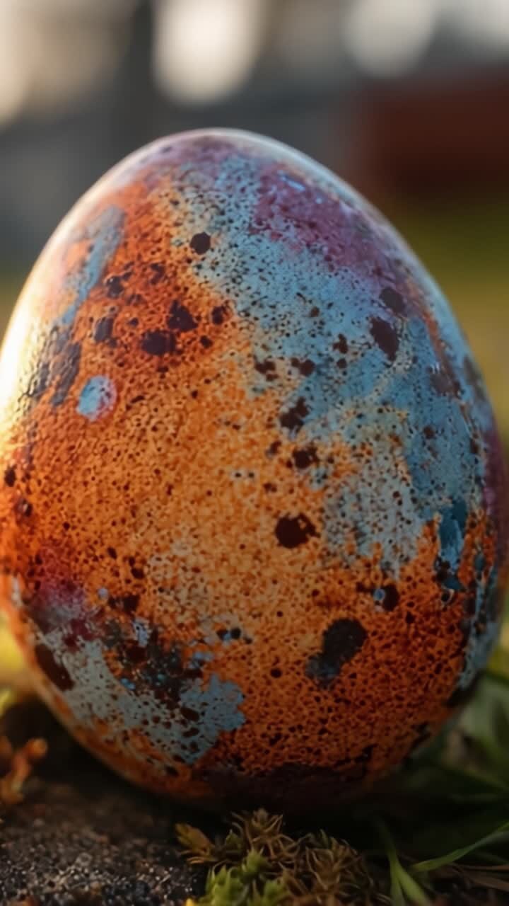 A Stunning Depiction of an Artistically Designed Egg Showcasing Vibrant Colors and Intricate Patterns Set Against a Natural Background