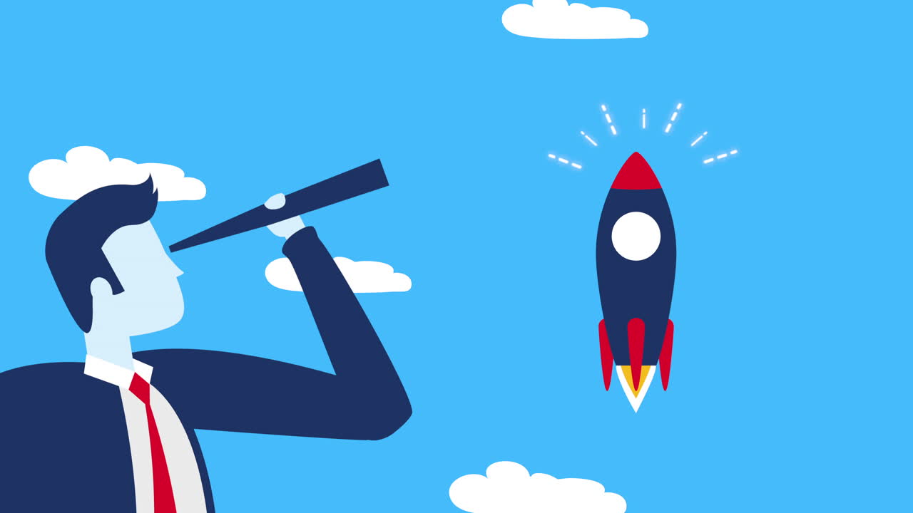 hombre de negocios trabajador con telescopio y cohete