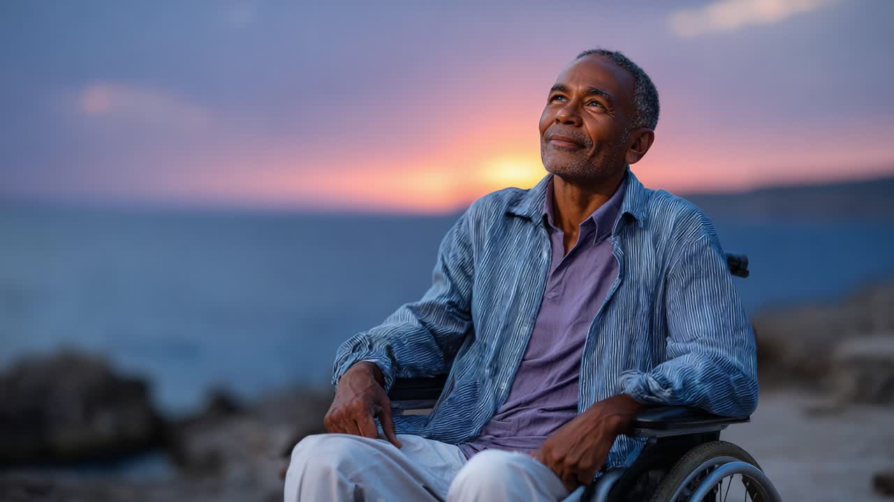 Contemplation at Sunset: A Reflective Moment by the Seaside Featuring a Man in a Wheelchair with an Uplifting Expression Underneath a Beautiful Sky