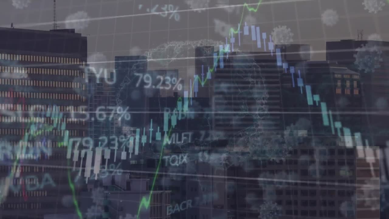 animación del procesamiento de datos del mercado de valores y células de covid-19 flotando contra edificios altos