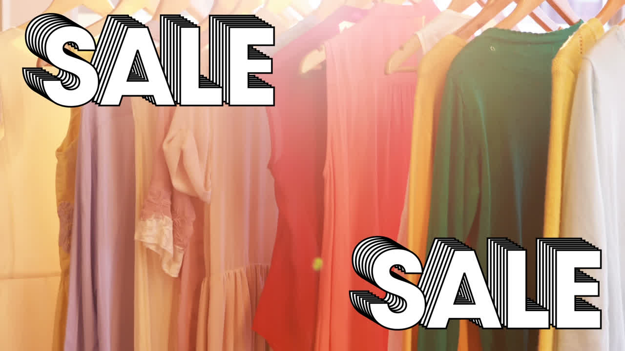 거에 있는 다채로운 옷 위에 판매 텍스트의 애니메이션