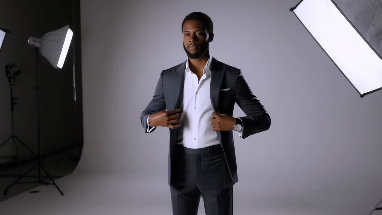 Professional Man Posing and Adjusting His Attire in a Studio Photoshoot