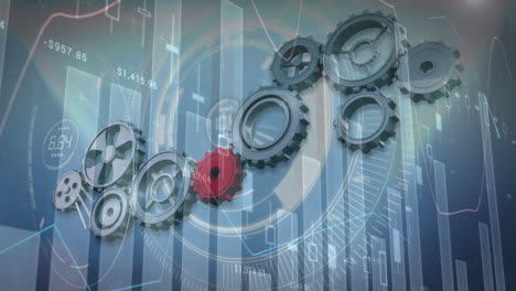 animación del procesamiento de datos financieros sobre engranajes móviles