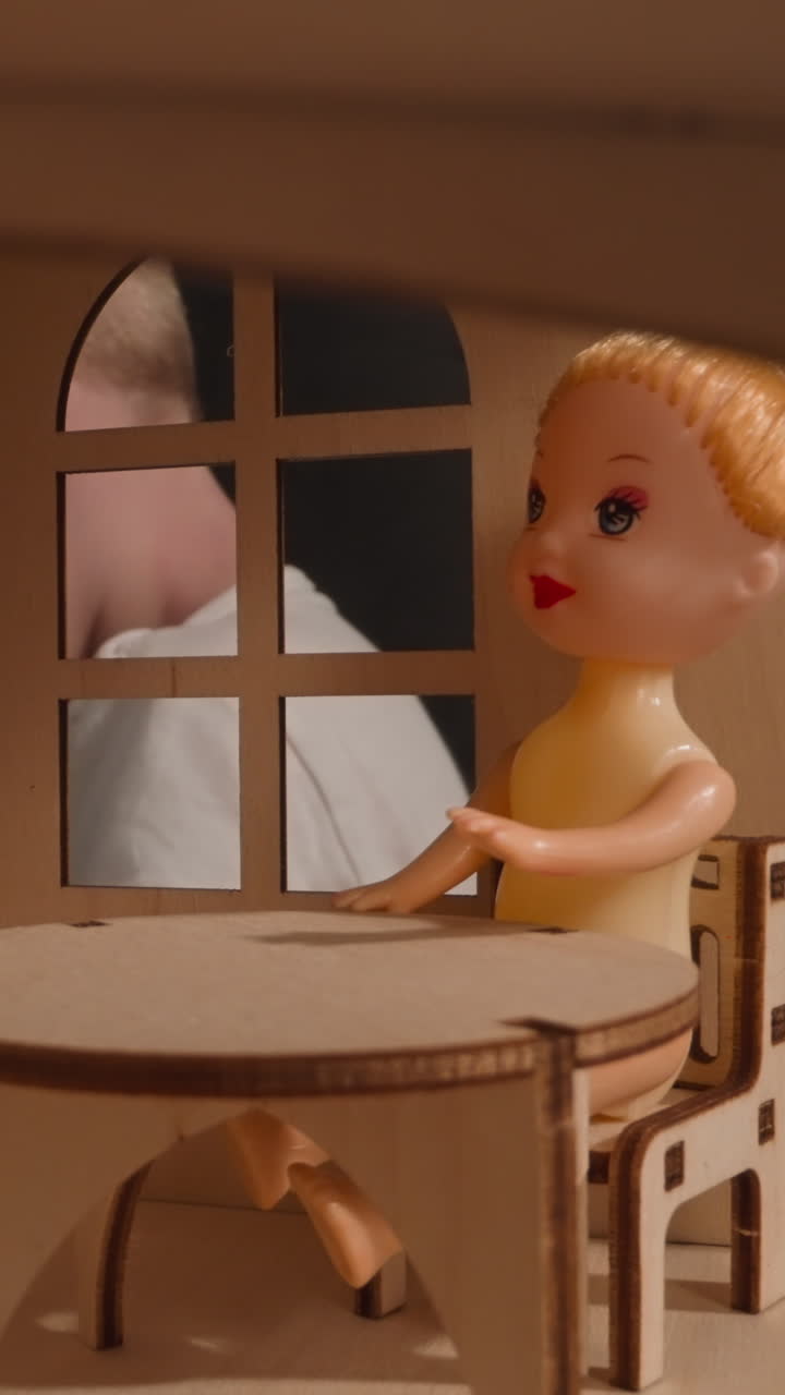 Surprised little kid boy peeks through window of wooden toy house with cute bare doll at table and goes away in dark room close view
