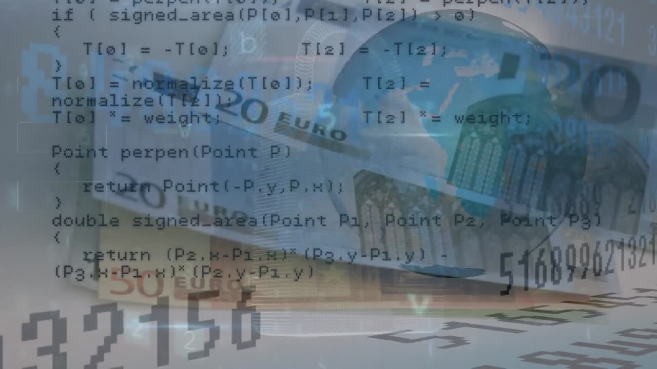 Animación de procesamiento de datos y globo terráqueo sobre billetes de euro