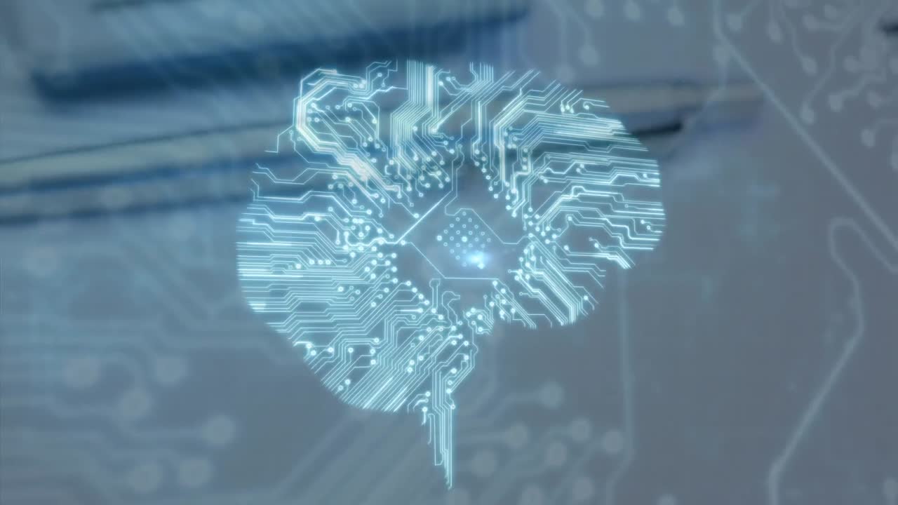 Animation of a human brain made of connected dots over a calculator in the background