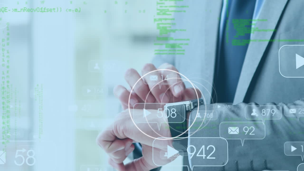 스 ⁇  스캐닝 및 소셜 미디어 연설 거품의 애니메이션 사업가 스마트 워치를 확인