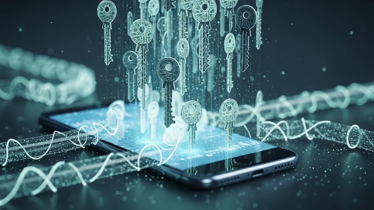 An Enigmatic Display of Digital Keys Emerging from a Smartphone, Symbolizing Data Security and Encryption in a Futuristic Environment with Illuminated Patterns