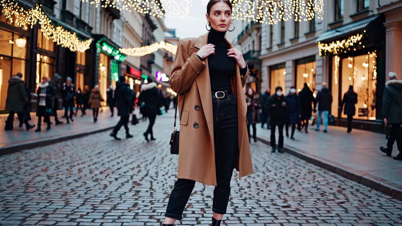 Street fashion video concept with a low-angle shot of a stylish woman in a coat on a cobblestone