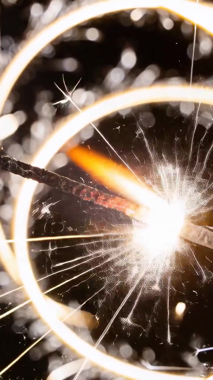 Video verticale: Stella filante che brucia dopo l'accensione, inviando scintille radiali in un primo piano scuro, con bagliore dell'obiettivo.