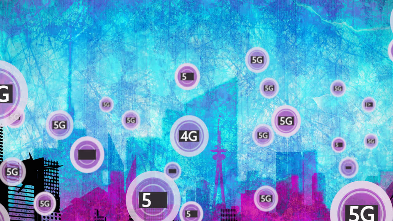animación de la red de conexiones con texto 5g sobre el paisaje urbano