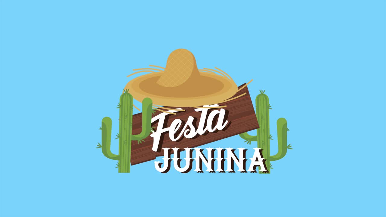 animación de letras de festa junina con sombrero de paja y cactus