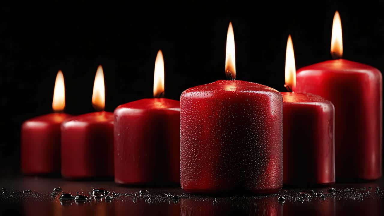 Una serena esposizione di candele rosse che illuminano uno sfondo scuro, proiettando riflessi tenui e luce calda, creando un'atmosfera di calma e tranquillità