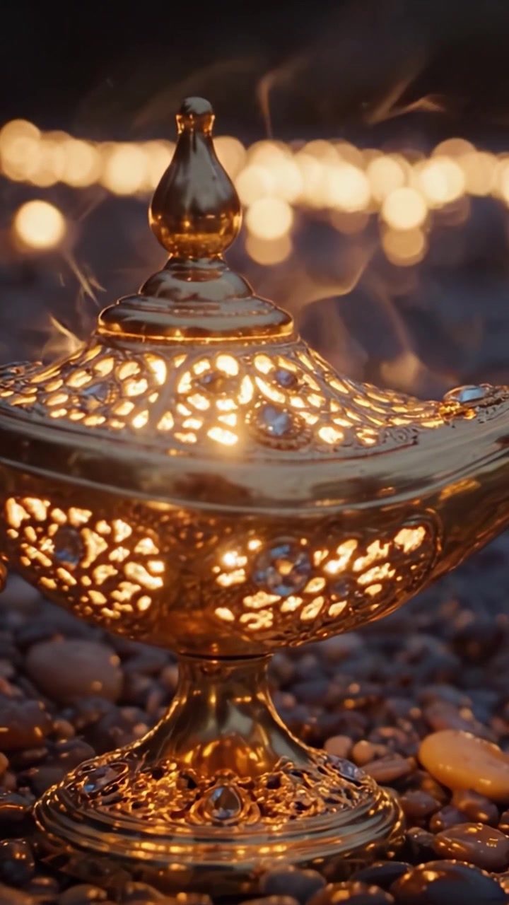 Un'incantevole lampada dorata posizionata su ciottoli, che illumina il suo design intricato tra un tenue bagliore di candele e luce calda, creando un'atmosfera magica.