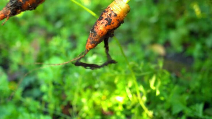Fresh carrots covered in soil swinging