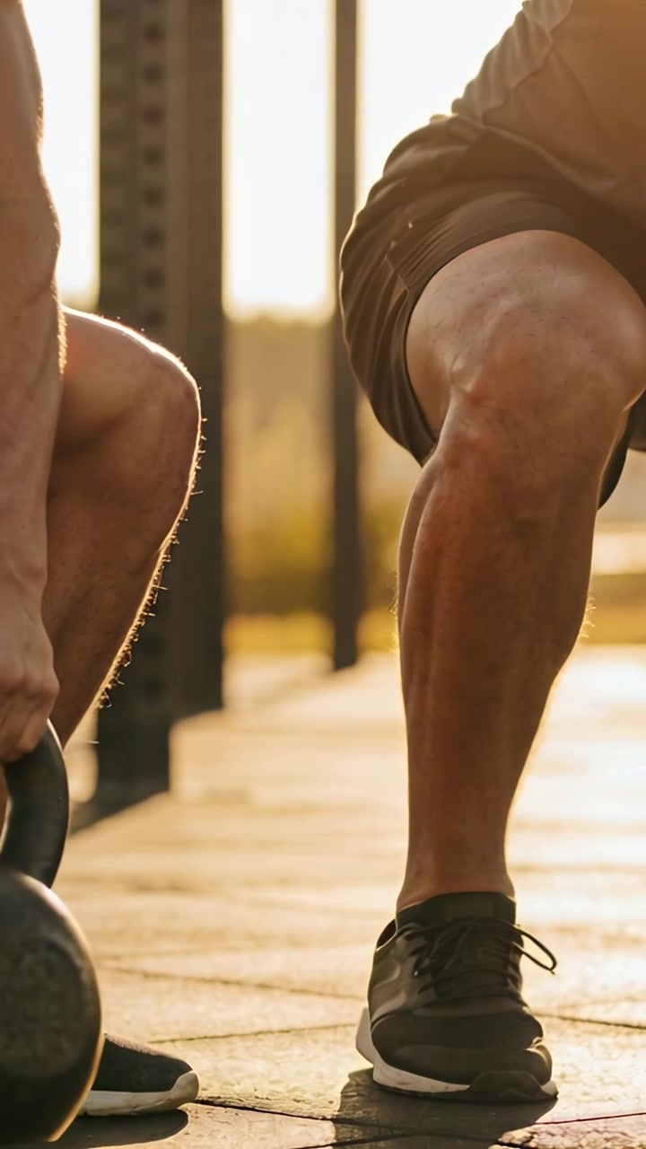Video verticale: Iniziando una serie, uomo in pantaloncini e scarpe che affonda a destra al parco, sollevando un kettlebell.