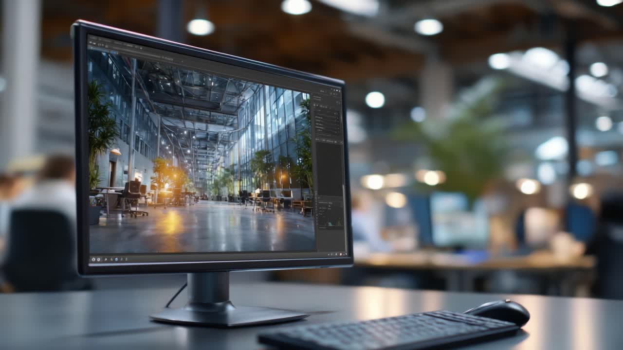 A Vibrant Office Workspace Displaying a Stunning Digital Visualization on a Computer Screen with Soft Lighting and Modern Design Elements in the Background