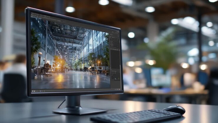 A Vibrant Office Workspace Displaying a Stunning Digital Visualization on a Computer Screen with Soft Lighting and Modern Design Elements in the Background