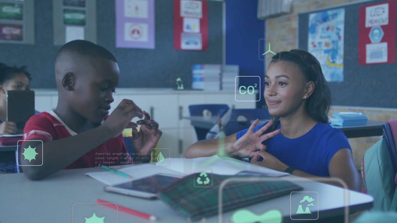 Boy and girl students examining small object for education, causing augmented HUD charts appearing