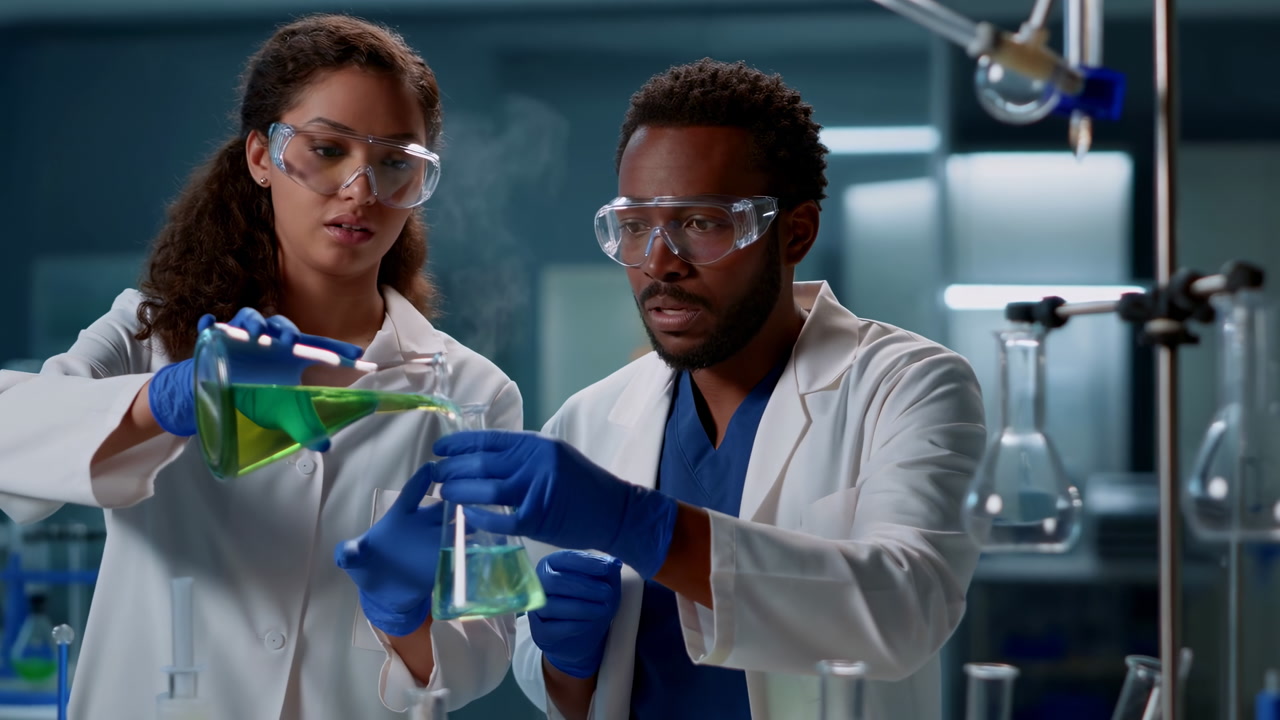 Two Scientists Mixing Green Solution Inside Modern Laboratory Wearing Goggles Gloves White Coats Pouring