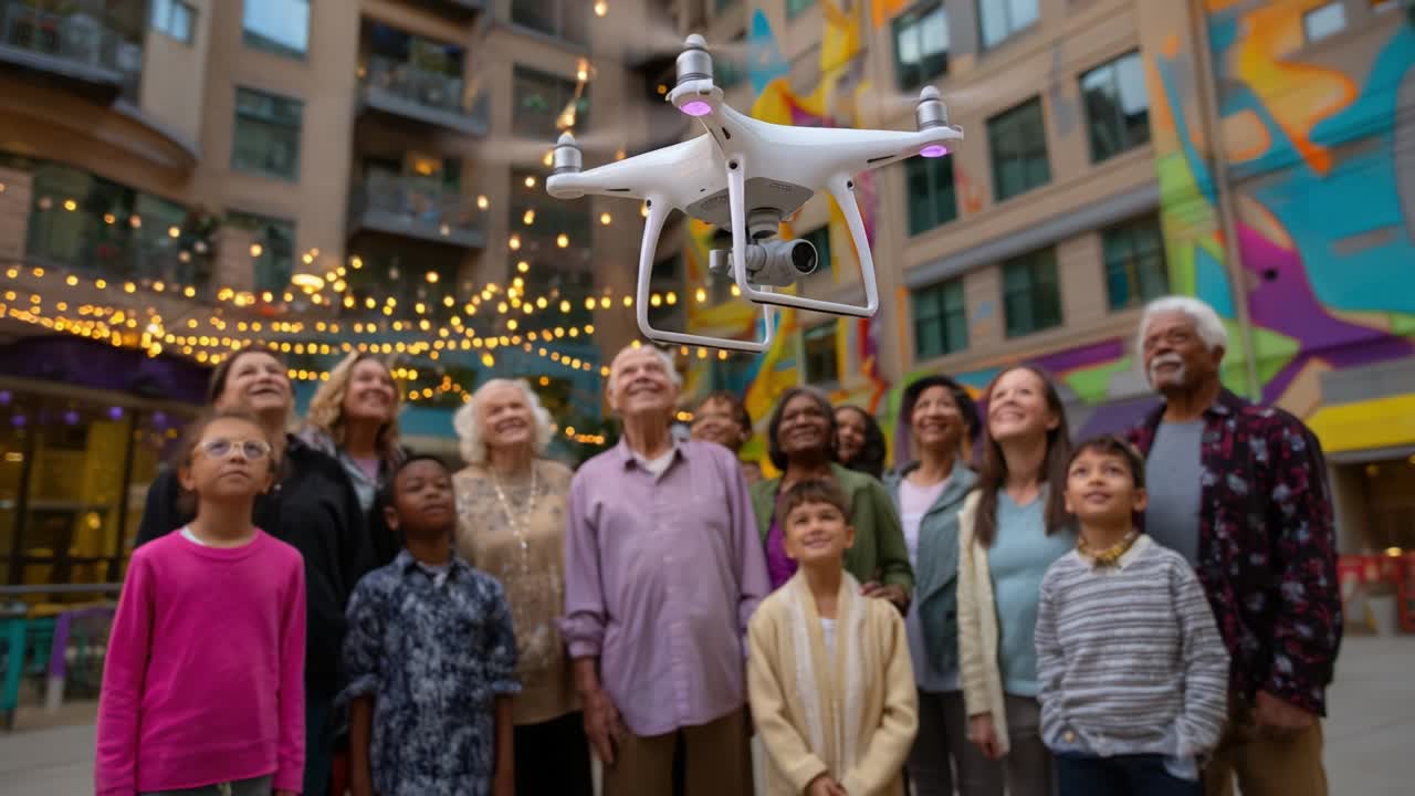 Drone flying over a diverse group of people in a city square