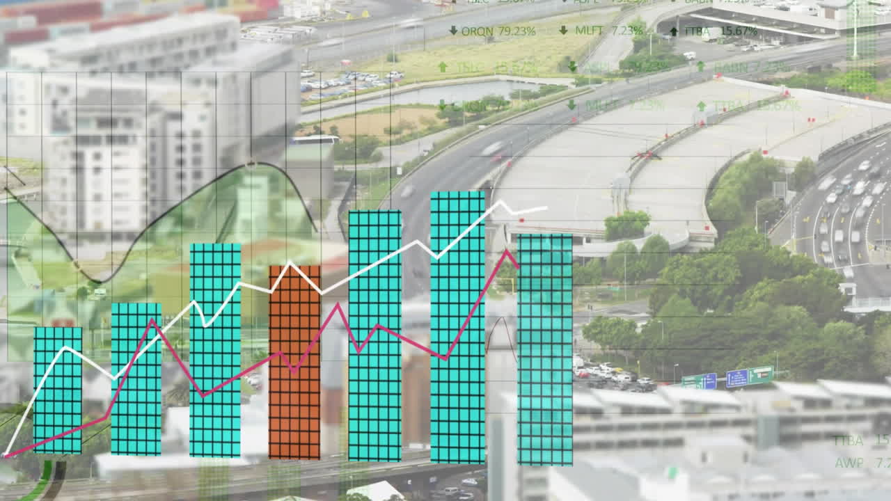 Animation de traitement de données statistiques et boursières sur fond de vue aérienne du trafic urbain
