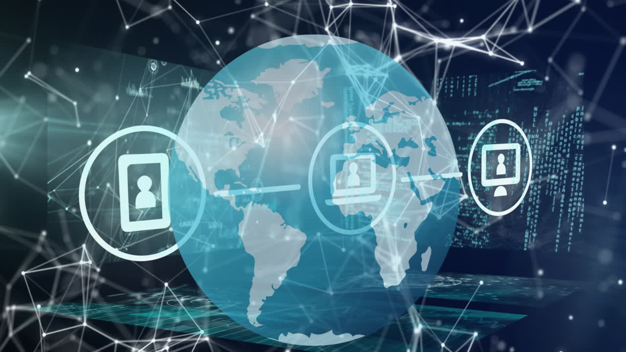 Network of connections over spinning globe against data processing on blue background