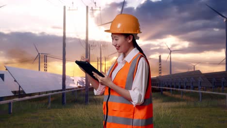 side view of asian female engineer with safety helmet taking note on the tablet with solar panel and wind turbines