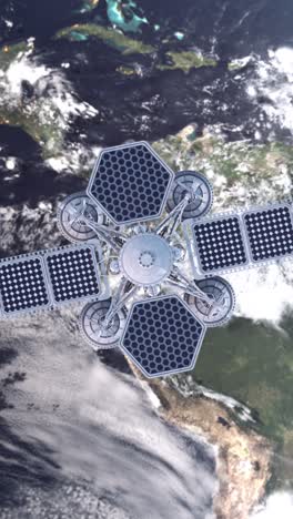vertical shot of pull out to reveal a communications satellite in orbit over planet earth
