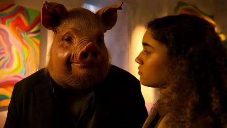 person interacting with a pig-like creature in an art gallery