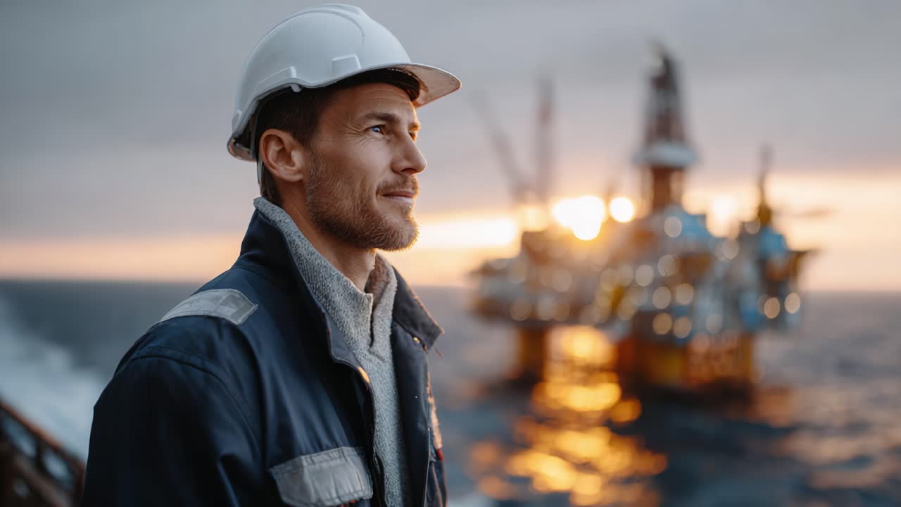 A man in a reflective moment, observing the setting sun behind an offshore oil rig, symbolizing the resilience and dedication of workers in the energy sector