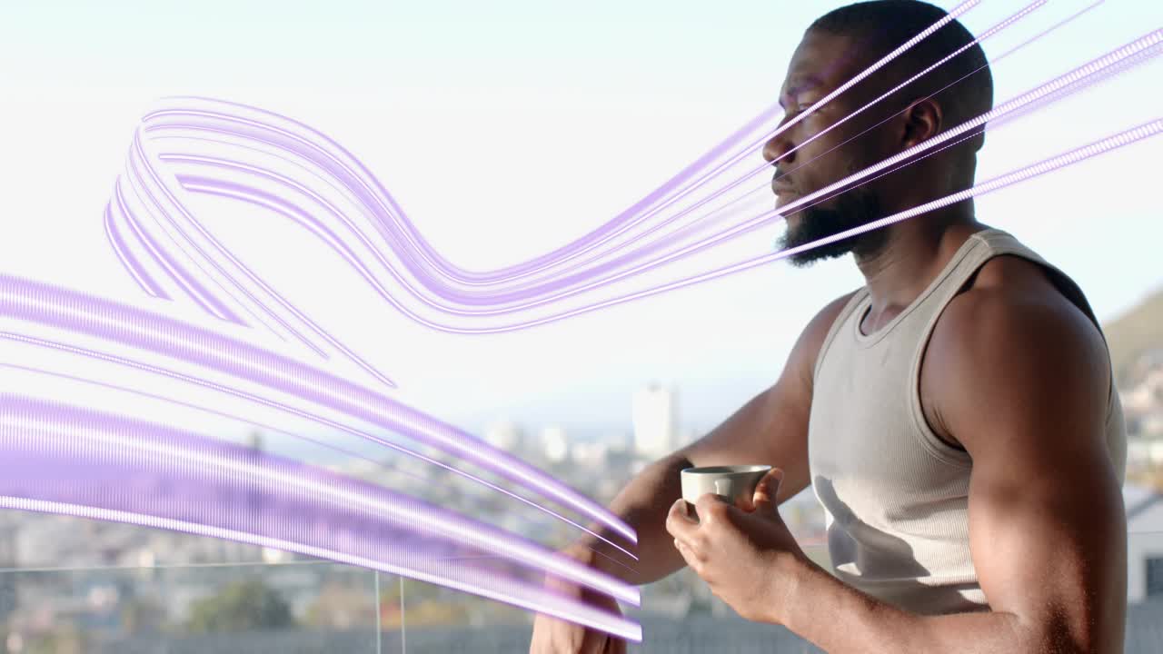 Man leaning on highrise balcony, holding mug while tracking purple ribbons entering left for tech