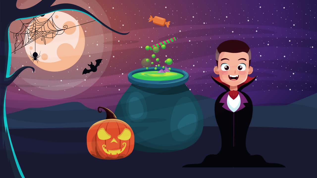 해피 할로윈 애니메이션 장면: 드라쿨라 백작과 마녀의 비