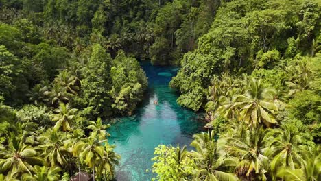 4k drone video flying back away from a small rowing boat in one of the clearest lakes in the world surrounded by trees and jungle landscapes. paisupok lake, banggai islands, sulawesi indonesia