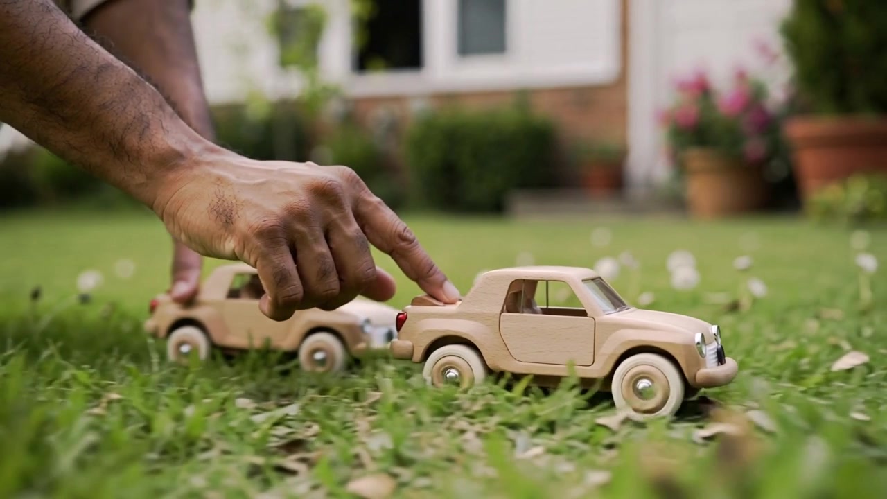 Positioning, tapping kneeling adult hands pushing two beige toy cars across lawn for demonstration