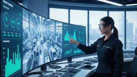 a focused professional analyzes data on advanced digital displays in a futuristic control room, showcasing interactive graphics and technology-driven insights.