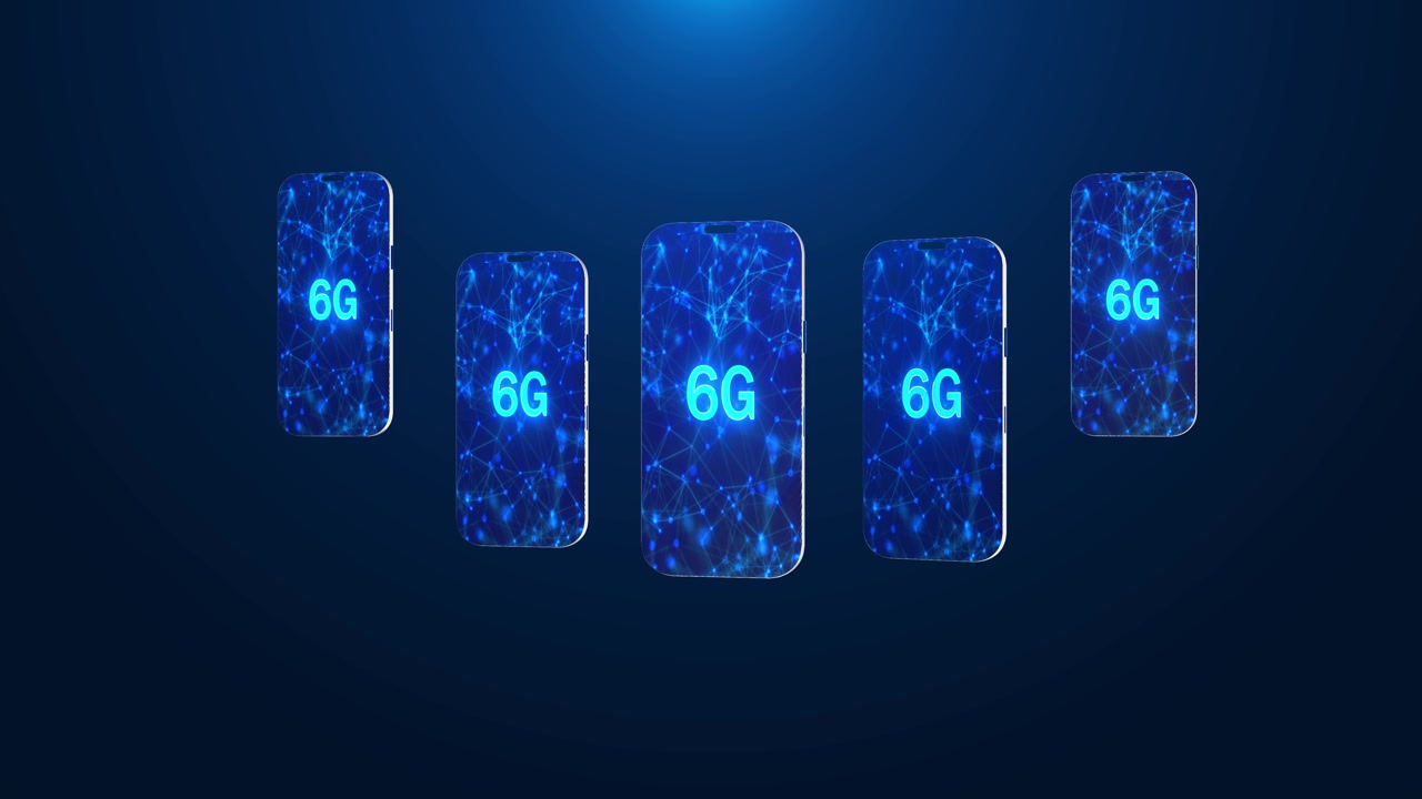 Immagine di una futura rete mobile wireless con schermi di telefoni blu collegati e testo ciano della sesta generazione.