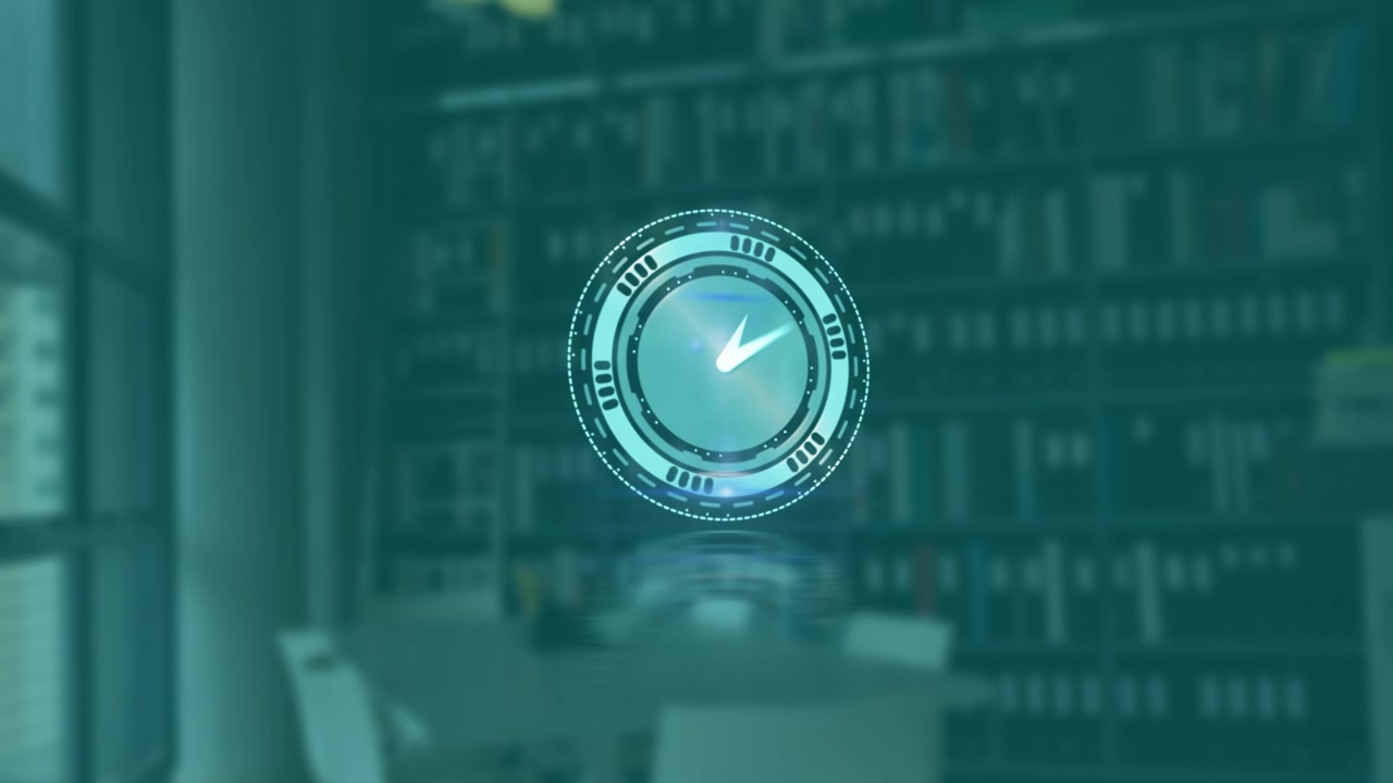 Digital clock animation overlaying blurred office with bookshelves in background