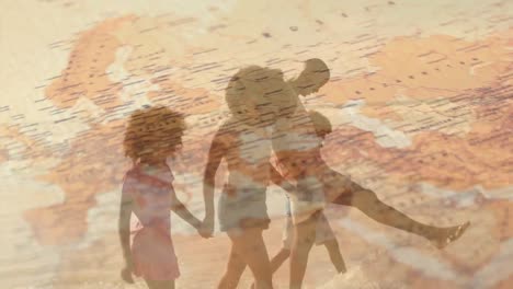 animación de una feliz familia afroamericana caminando por la playa sobre el mapa
